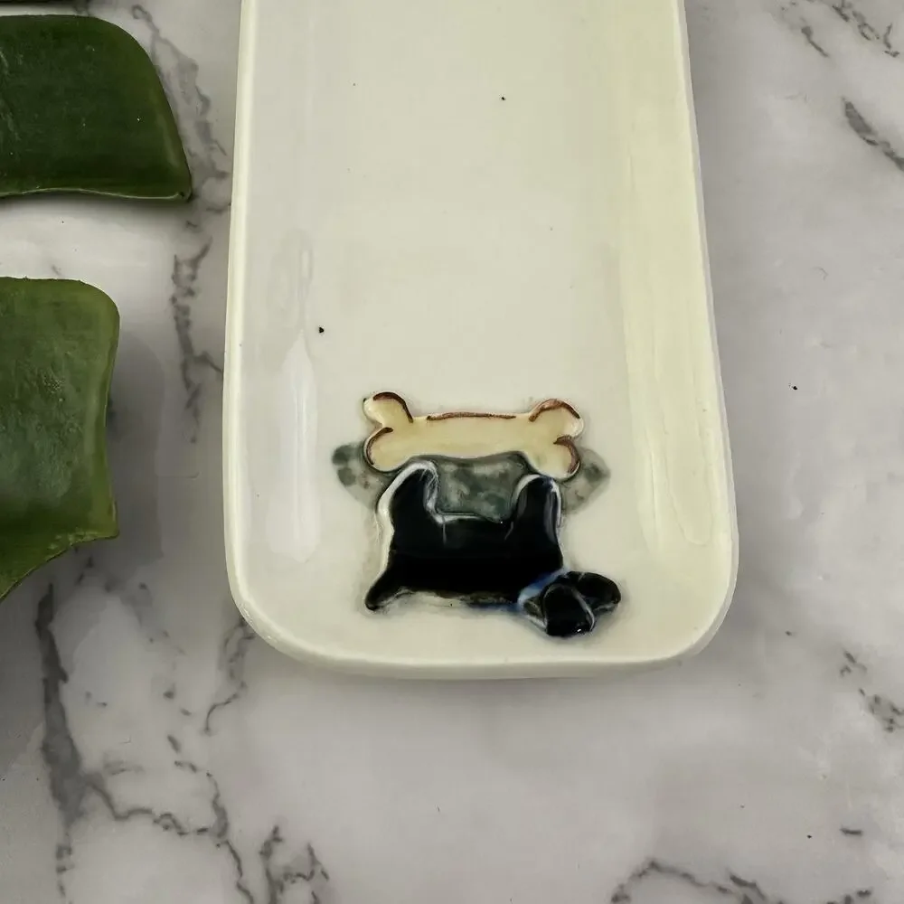 The Porcelain Pasture Black Dog Trinket Dish Ring Tray White Bone Caroline Puppy